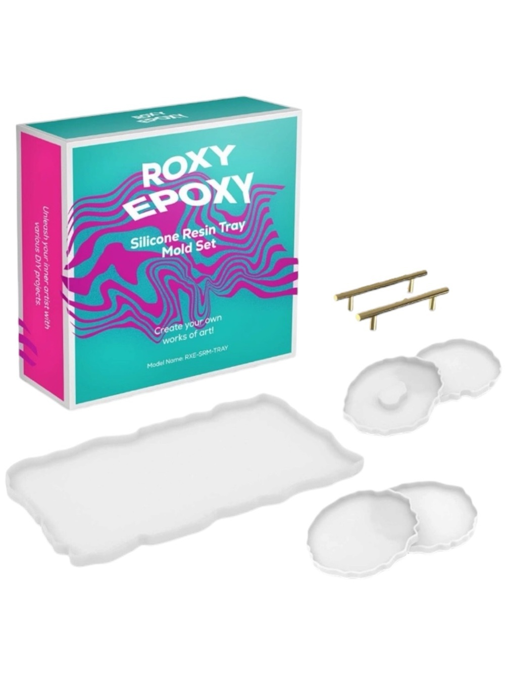 Roxy Epoxy Silicone Resin Tray Mold Set w/ Coaster Molds & Gold Handles Crafty